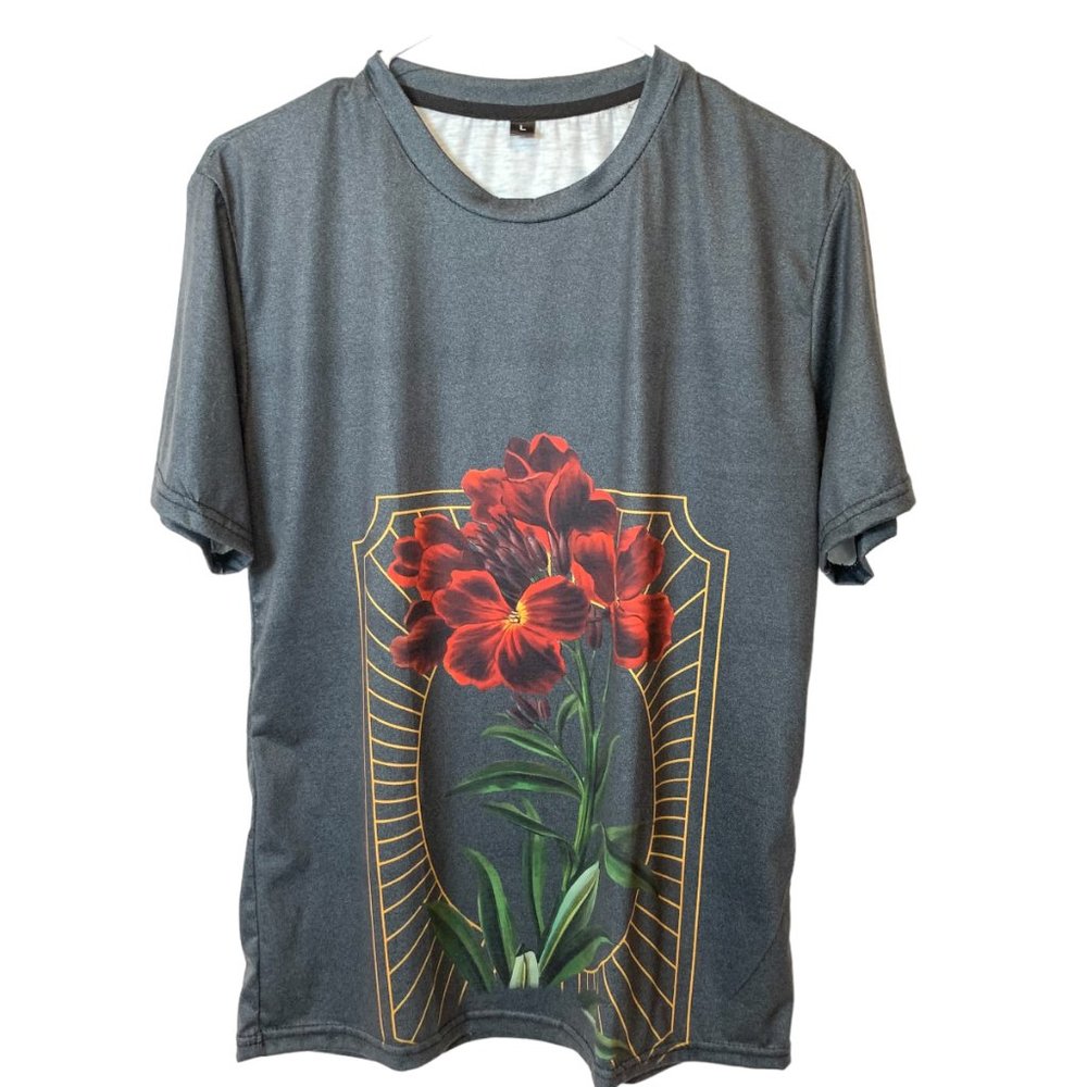 Floral Smooth Polish T-Shirt Ladies Large Red Flowers with Stems